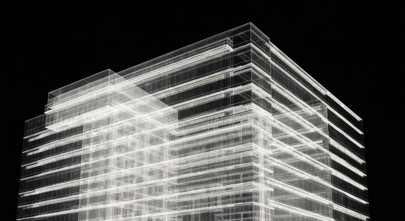 An abstract, translucent X-ray image revealing the internal structure of a hospital building as glowing, ghostly lines against a dark background, conceptually representing the steady leadership and operational excellence needed to guide community healthcare providers.