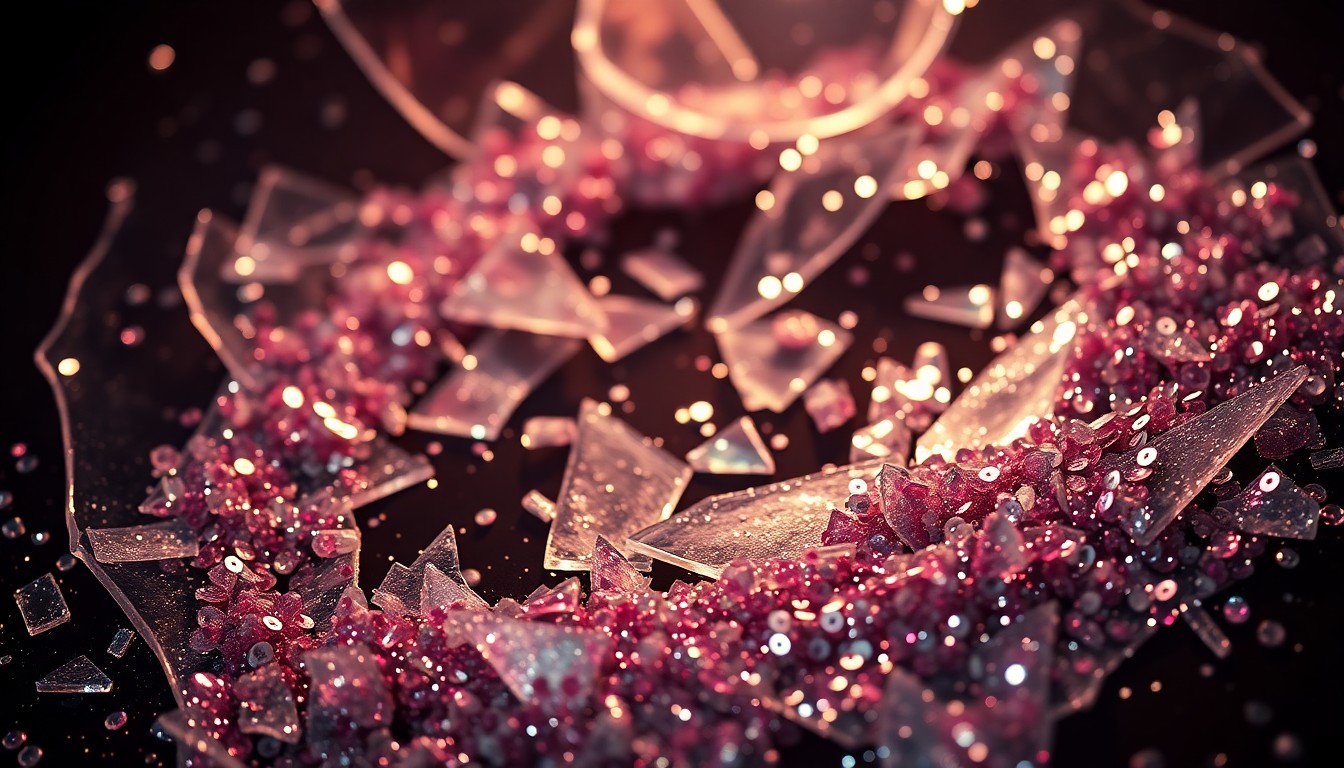 An extreme close-up photograph of shattered glass and glittering sequins, capturing the high-contrast, glamorous and gritty visual style of the HBO series 'Euphoria.'