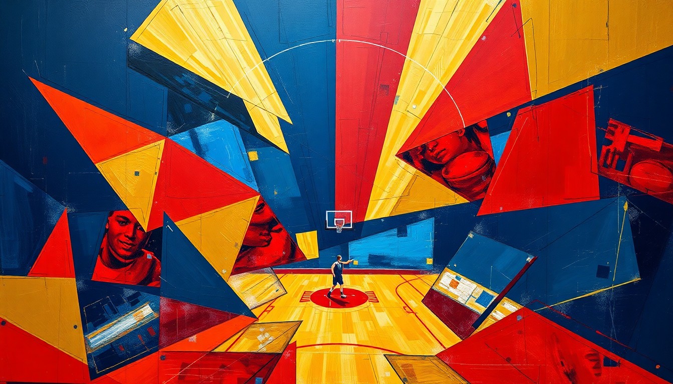 A cubist, geometric painting depicting a basketball game or match broken down into overlapping planes of navy blue, crimson red, and gold, conveying the fragmentation and transition Georgia's basketball program is experiencing.