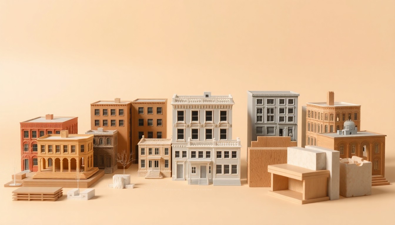 A minimalist studio still life featuring a collection of sleek, polished architectural models and building materials, conceptually representing the abstract ideas of urban redevelopment and community revitalization.