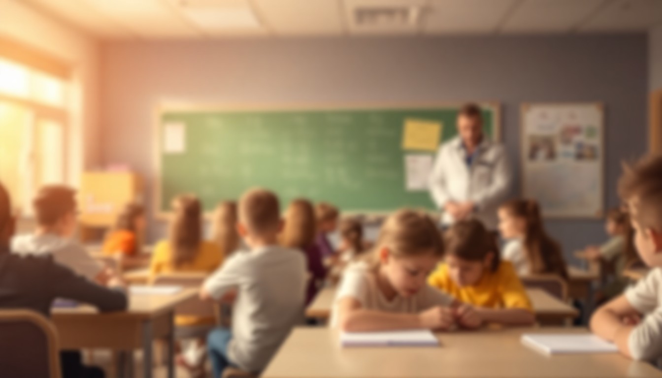 An abstract, impressionistic photograph in soft, warm tones depicting a blurred classroom scene, conceptually representing the inclusive and nurturing atmosphere of special education.