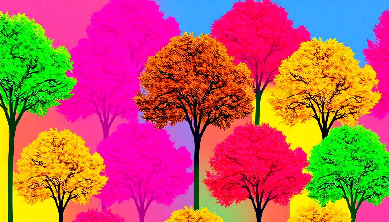 A vibrant, high-contrast silkscreen print of a single, iconic tree repeated in a grid pattern, using a bold, neon color palette and heavy black outlines to transform the everyday object into a modern pop art piece.