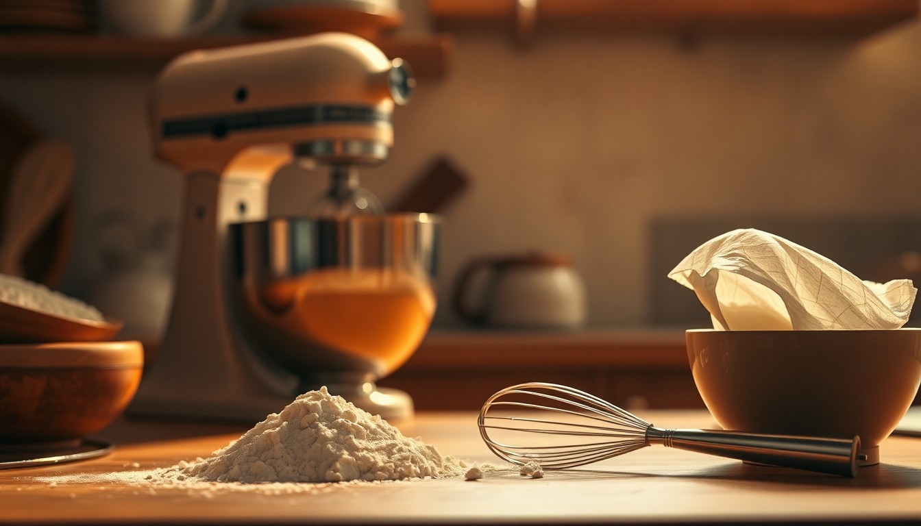 An out-of-focus photograph of a kitchen counter with a mixing bowl, whisk, and flour, all bathed in warm, golden light, conceptually representing the comforting presence and baking talents of Joan Murry.