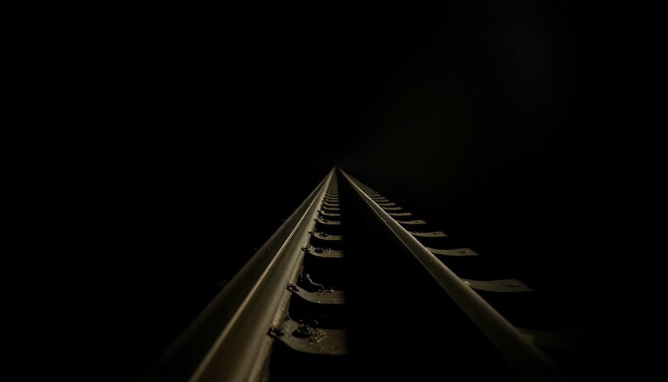 An extreme close-up photograph of a single train track rail, the metal surface reflecting the harsh light of the camera flash, conveying a sense of the sudden and uncompromising nature of the fatal collision.