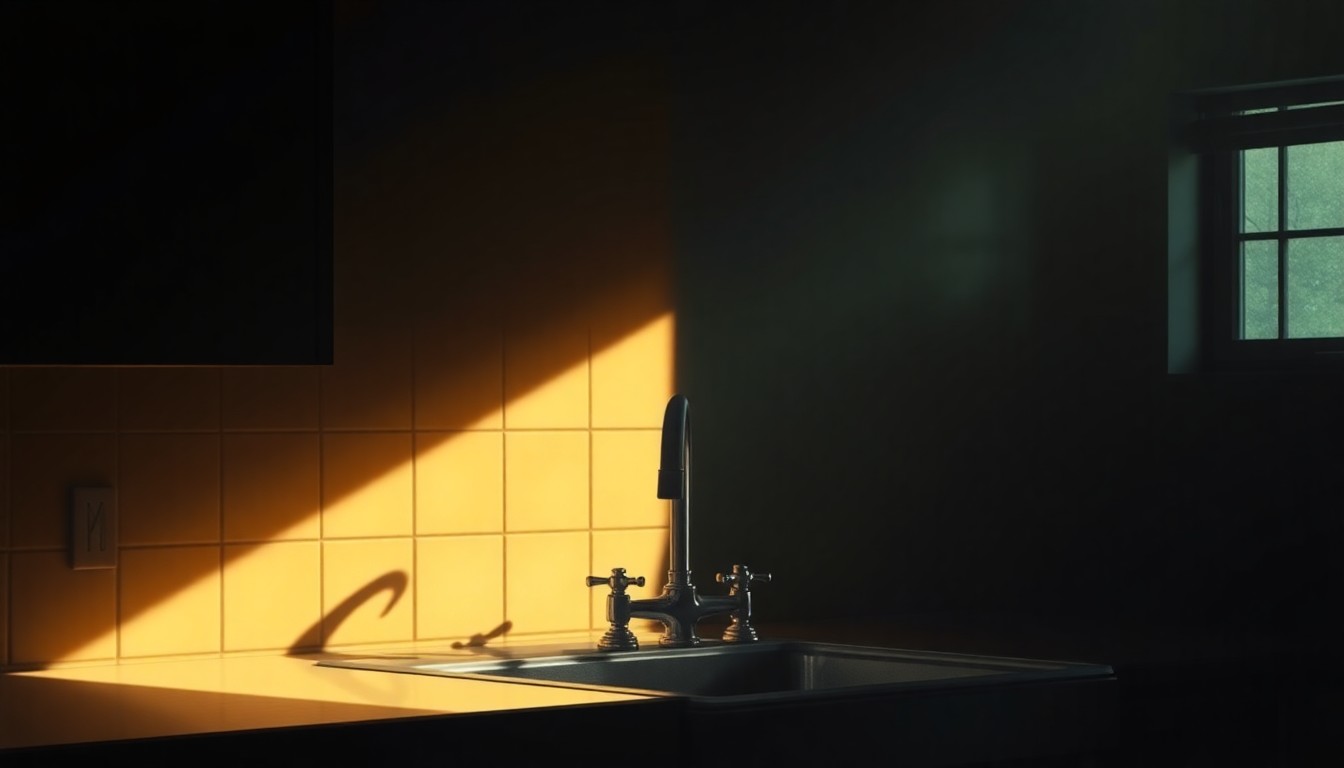 A softly lit, photorealistic painting of a simple kitchen faucet, with warm sunlight casting dramatic shadows across the scene, conveying a sense of quiet contemplation around the issue of water quality and safety.
