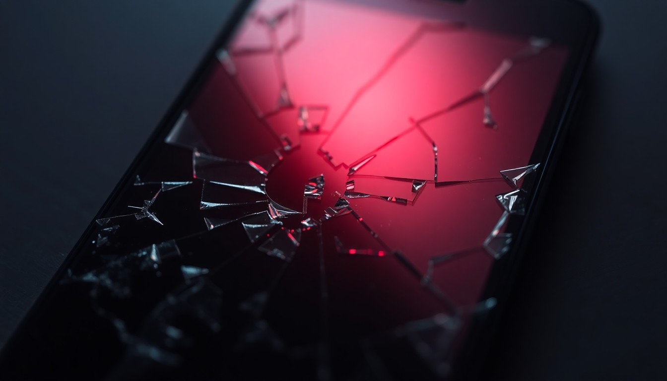 An extreme close-up photograph of a shattered cell phone screen, reflecting a faint red light, conceptually illustrating the aftermath of a domestic violence incident.