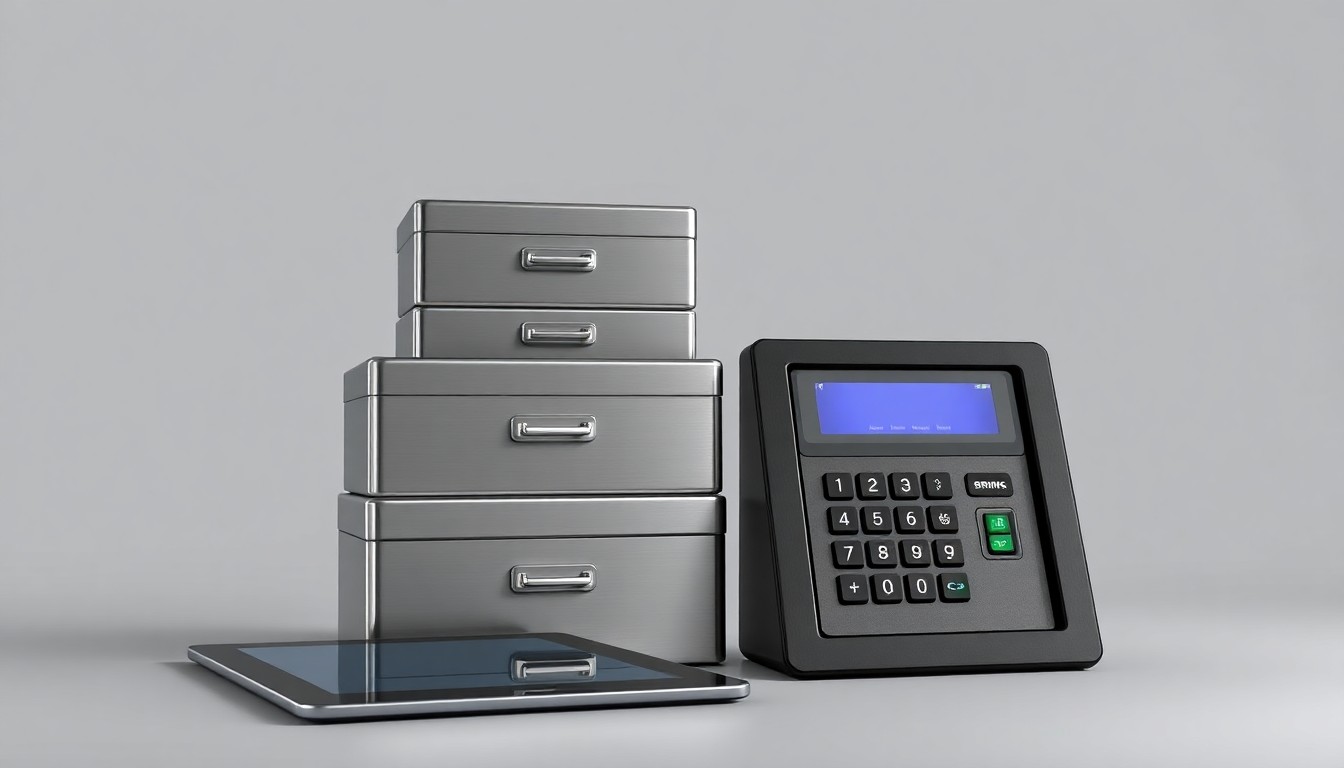 A high-end, photorealistic studio still-life photograph featuring a stack of polished metal cash boxes, a sleek digital tablet, and a smooth black ATM keypad arranged elegantly against a clean, monochromatic grey background, conceptually representing Brink's integrated cash and digital management solutions.