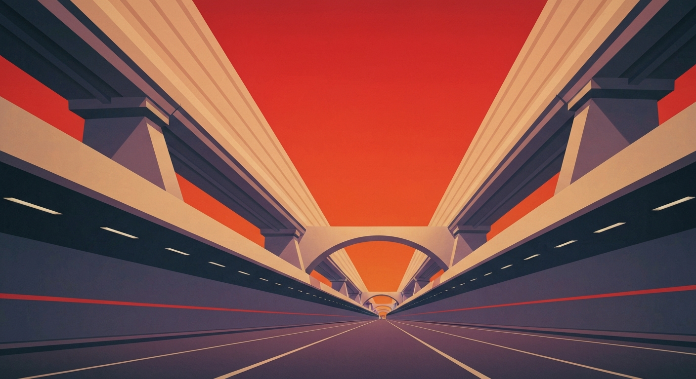 A highly stylized, geometric illustration depicting the towering, sweeping forms of a transportation tunnel or bridge, rendered in smooth, airbrushed gradients of blues and grays to convey the grand scale and technical nature of the infrastructure project.
