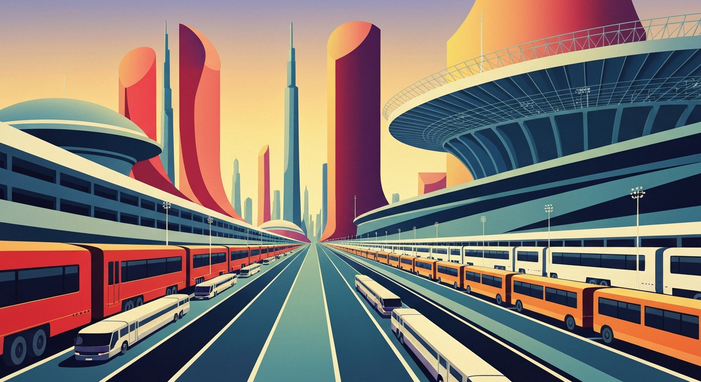 A highly stylized, geometric illustration depicting the grand scale and transportation challenges of the 2026 FIFA World Cup matches at MetLife Stadium, with sweeping, smooth airbrushed gradients and towering forced perspectives, capturing the complexity of accommodating both World Cup fans and regular commuters.