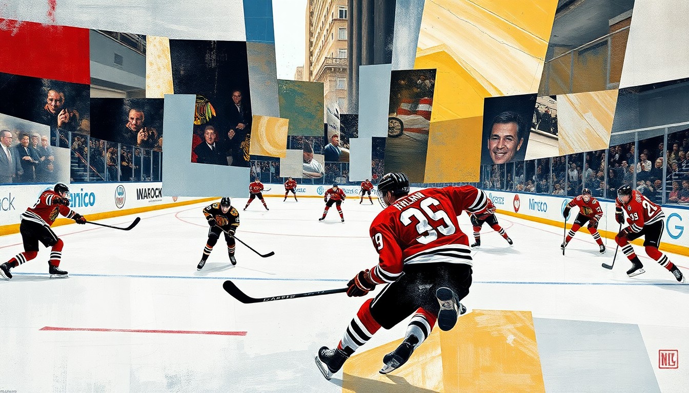 A fragmented, geometric painting depicting the dynamic movement and energy of a hockey game, with players' bodies and equipment broken down into sharp, overlapping planes of color and form.
