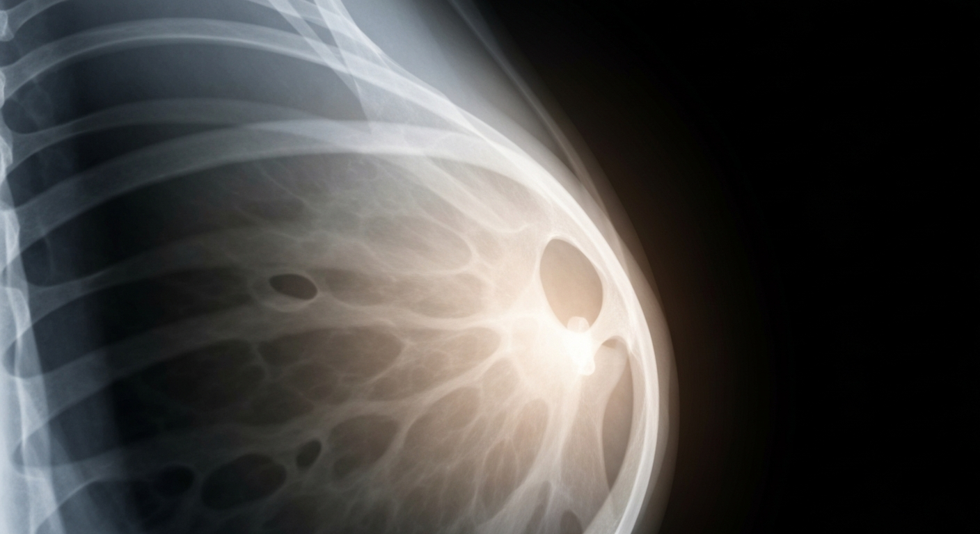 A translucent, ghostly X-ray photograph showing the internal structures of a human breast, with faint glowing lines and shapes representing the early stages of triple-negative breast cancer, conveying a clinical yet hopeful tone about the treatability of this aggressive form of the disease when detected early.