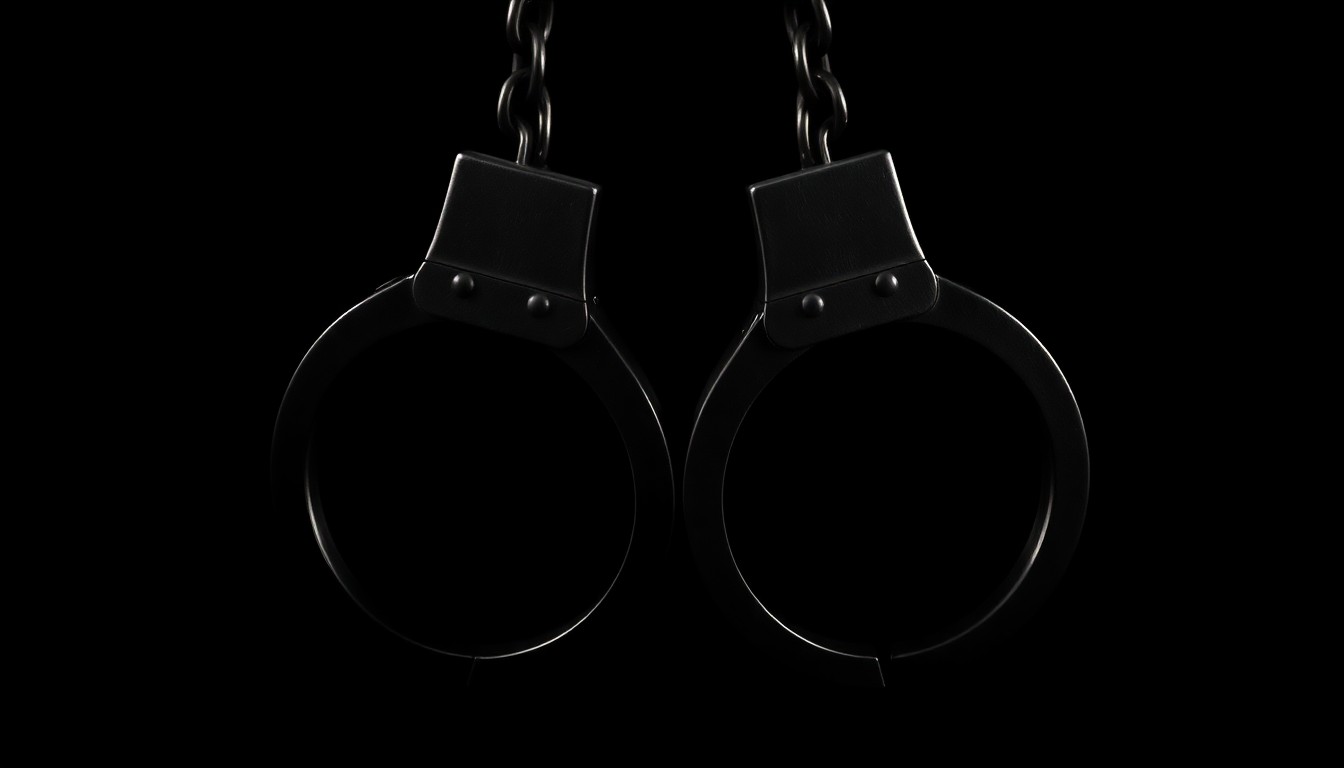 An extreme close-up photograph of a pair of handcuffs against a pitch-black background, creating a stark, gritty, investigative aesthetic that conceptually represents the consequences of abuse of power.