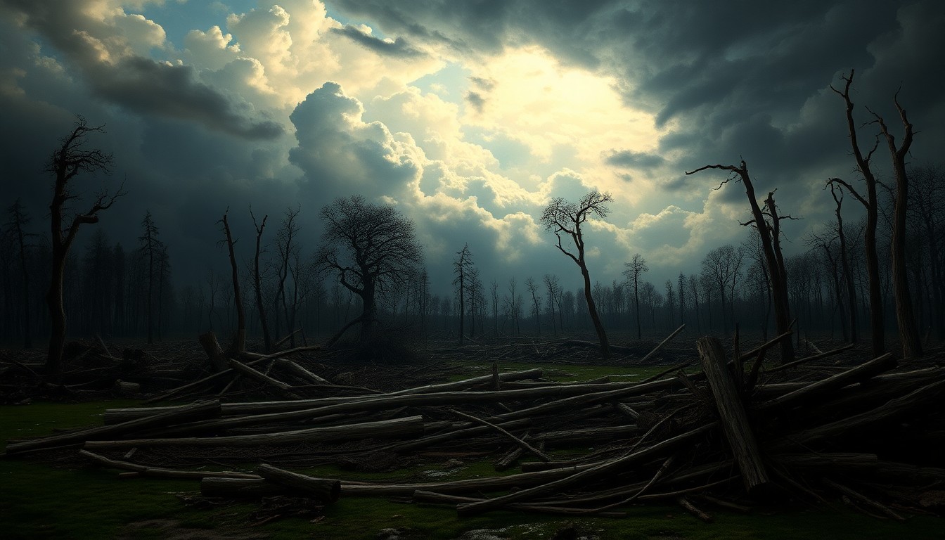 A vast, atmospheric landscape painting depicting a tornado-ravaged scene in Edwardsburg, Michigan. The composition uses deep perspective and dramatic lighting to convey the overwhelming scale of the natural disaster, with fallen trees and debris dwarfed by the sweeping, melancholic sky.