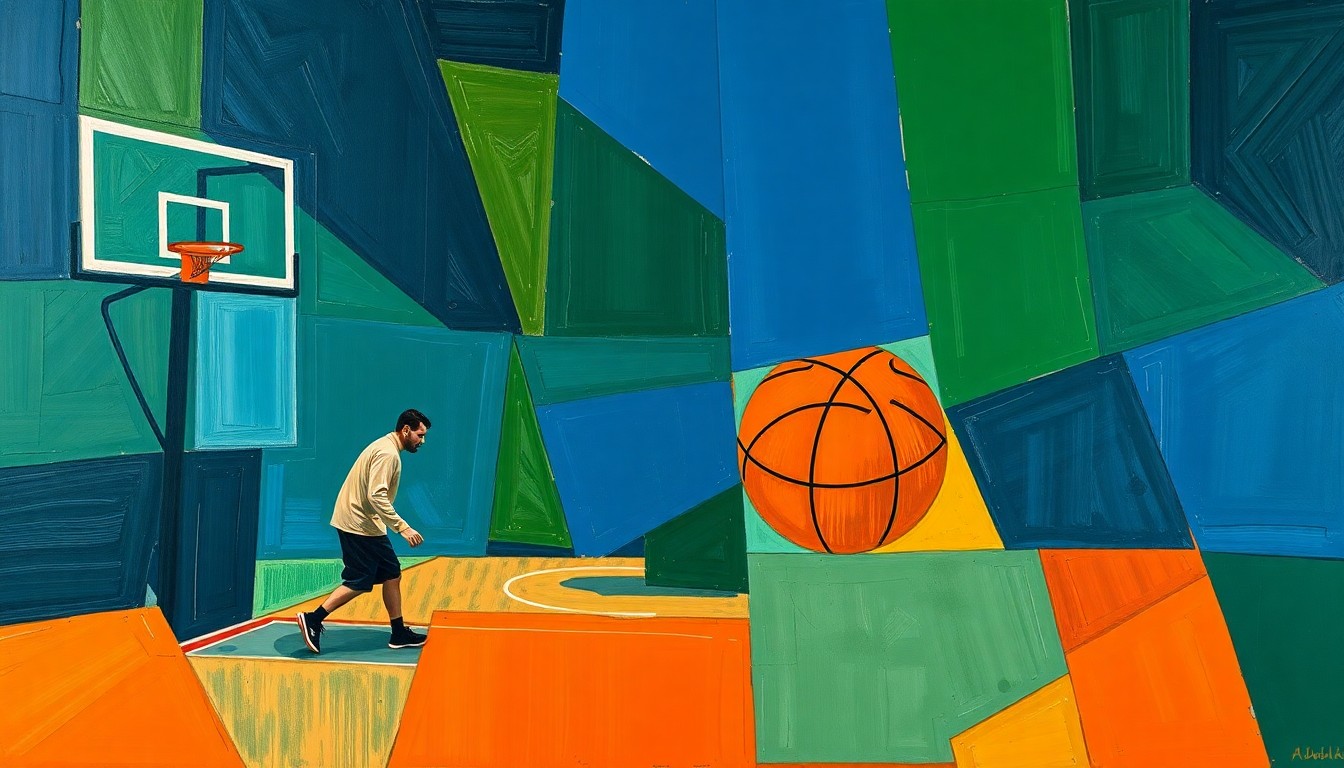 A cubist-style painting featuring overlapping geometric shapes and planes in shades of blue, green, and orange, conceptually representing the disruption caused by a coaching change on a basketball team.