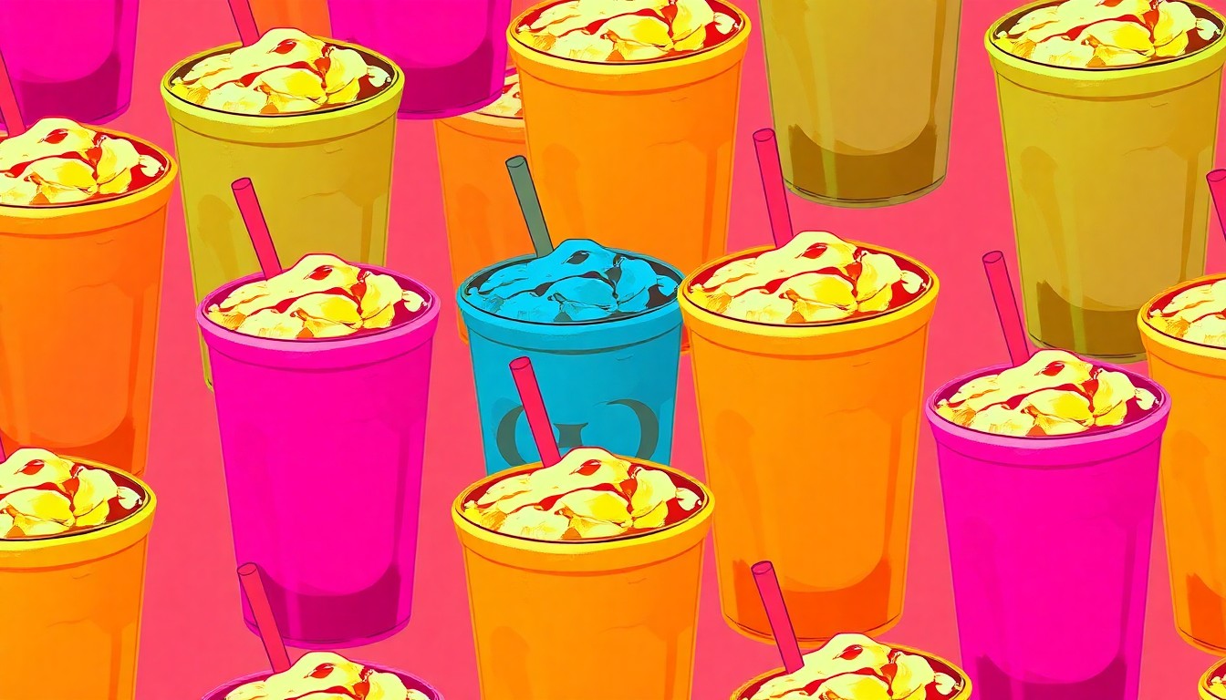 A high-contrast, silkscreen-style illustration of a single iced coffee drink repeated in a grid pattern, using bold neon colors and heavy black outlines to create a modern pop art effect.