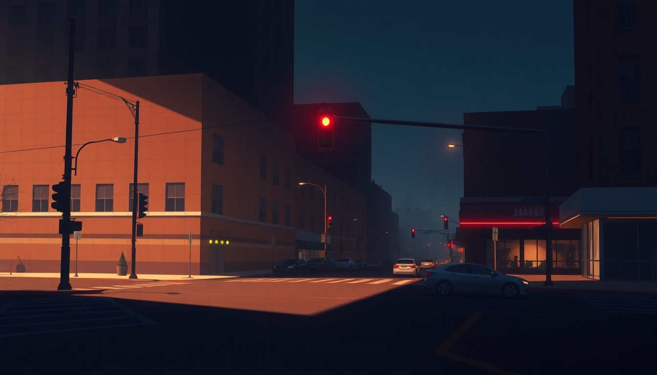 A serene, cinematic painting of a quiet city intersection with a lone traffic light and minimal cars, the scene bathed in warm, diagonal sunlight and deep shadows, capturing the contemplative mood of urban infrastructure improvements.