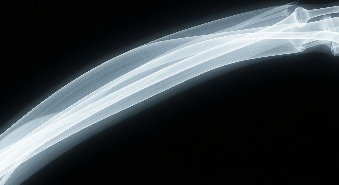 A translucent, ghostly X-ray photograph of a human muscle fiber, revealing its intricate internal structure and symbolizing the advanced biotech research conducted by Cytokinetics.