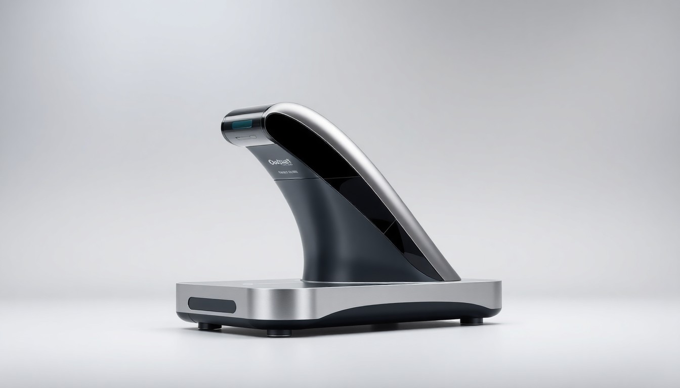 A photorealistic studio still-life image of a sleek, modern medical device made of polished stainless steel and glass, placed on a clean, monochromatic background and dramatically lit to showcase its advanced design and precision engineering.