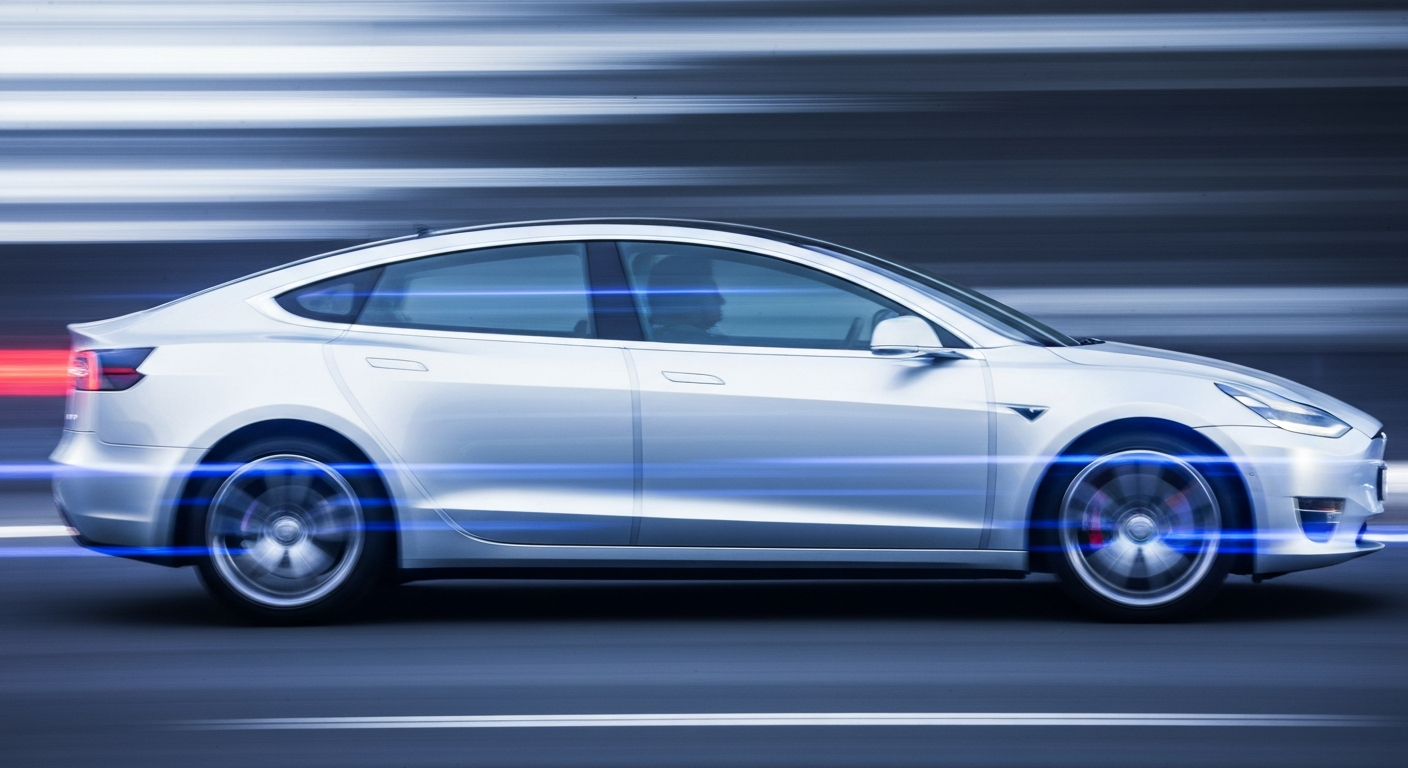 An abstract, blurred image of a Tesla vehicle in motion, with streaks of metallic silver, electric blue, and bright white conveying the speed and power of autonomous driving technology.