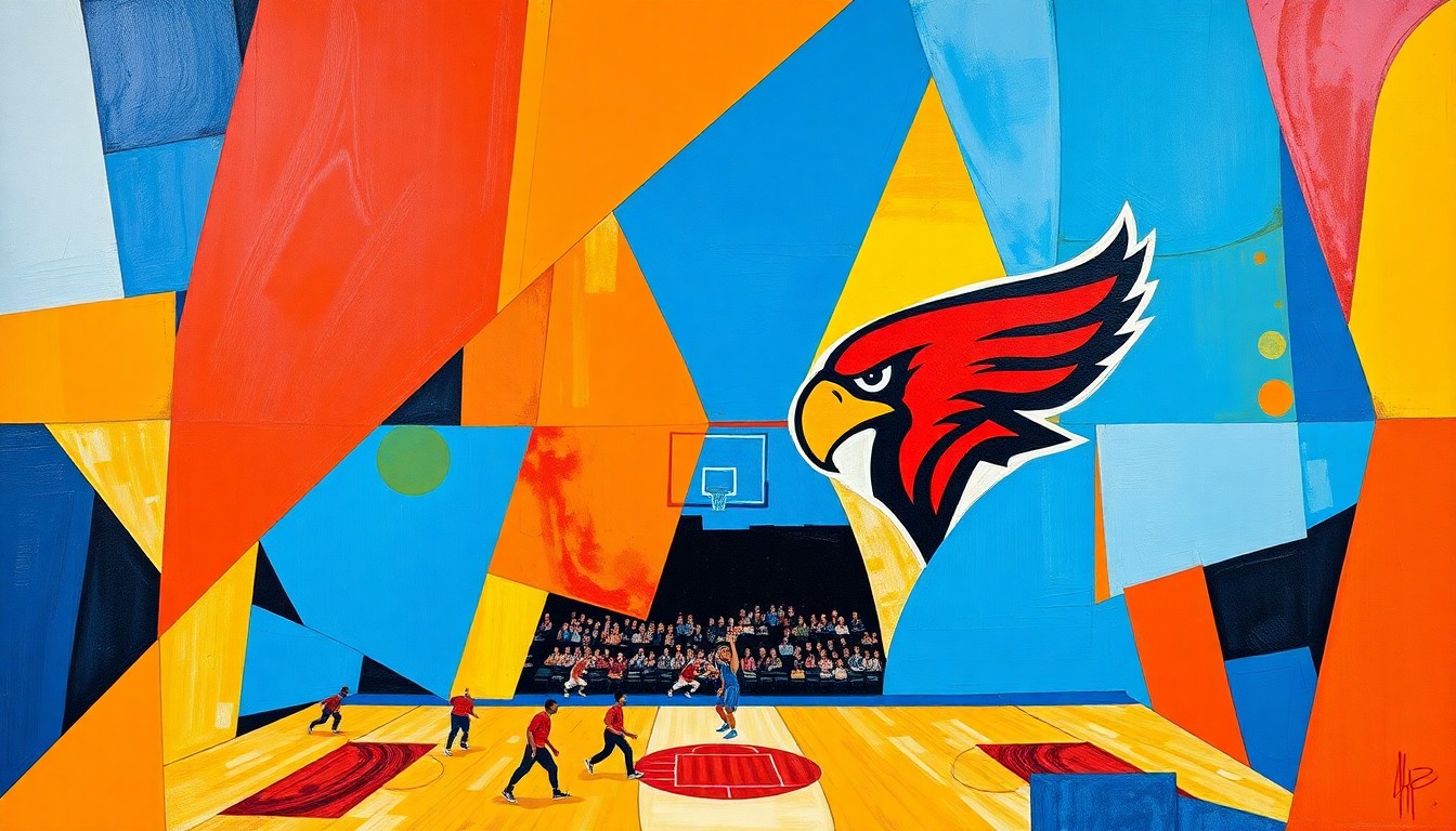 A fragmented, multi-angled painting in bold, clashing colors that captures the intensity and energy of a Knicks vs Hawks basketball game through a cubist lens, with the players' movements and the court's geometry abstracted into sharp, overlapping planes.