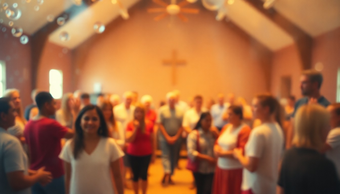 An extremely abstracted, out-of-focus photograph in warm tones depicting a blurred scene of a diverse group of people gathered together, conveying a sense of spiritual connection and community empowerment.