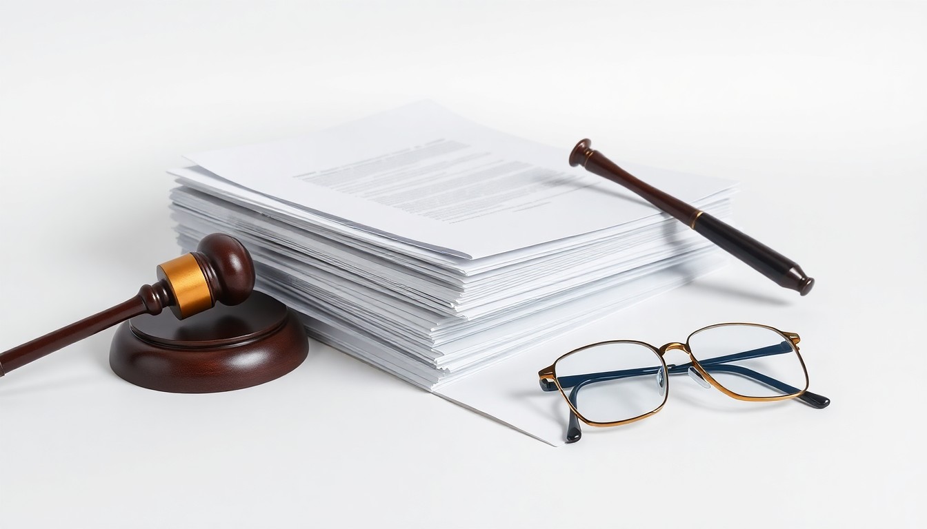 A photorealistic studio still life featuring a stack of legal documents, a gavel, and a pair of reading glasses, conceptually representing the legal process and corporate accountability.