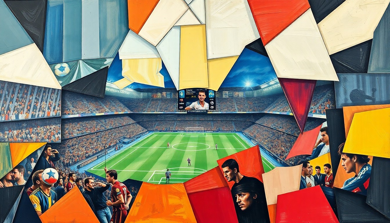 A cubist-style painting featuring overlapping geometric shapes and planes in vibrant colors, representing the dynamic action and movement of a football game or match.
