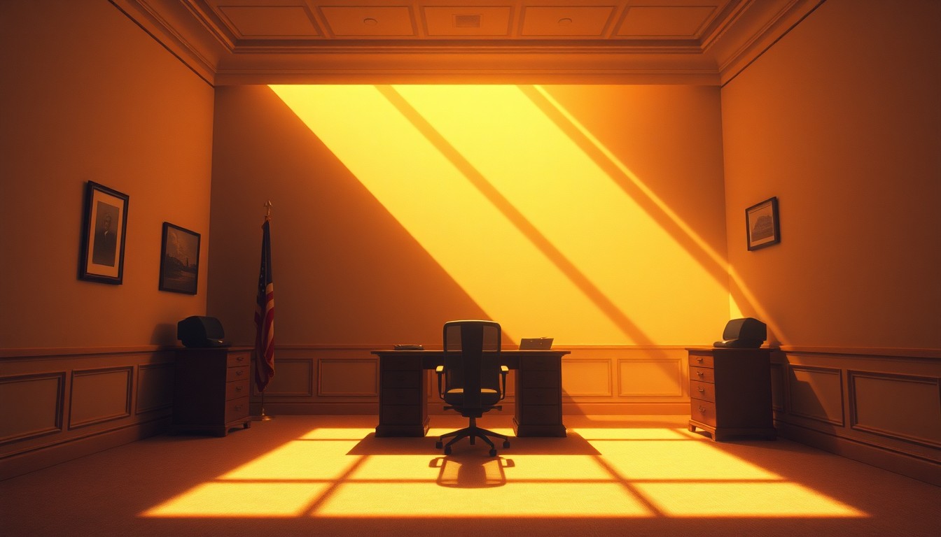 A dimly lit, cinematic office space with a single chair and desk in the center, the room bathed in warm, diagonal sunlight and deep shadows, conceptually representing the political tensions surrounding the January 6th investigation.
