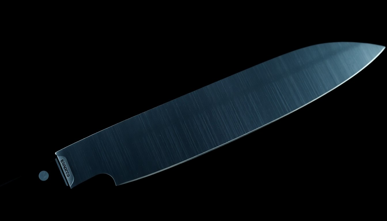 An extreme close-up photograph of a machete blade against a pitch-black background, lit by a harsh camera flash to create a stark, gritty, investigative aesthetic.