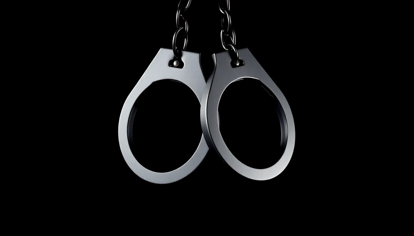 An extreme close-up photograph of a pair of metal handcuffs against a stark black background, the harsh flash illuminating the textured surface and creating dramatic shadows, conceptually representing the serious and urgent nature of the Amber Alert case.