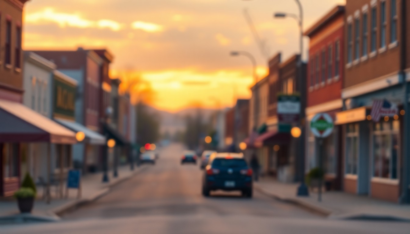 An extremely abstracted, out-of-focus photograph of a small-town main street scene, with soft pools of warm color and light, conceptually representing the close community ties in Breda, Iowa.