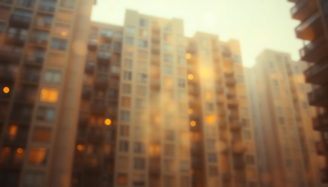An abstract, impressionistic scene of a luxury high-rise building exterior, with the details blurred and obscured in a warm, golden glow, conceptually representing the temporary nature of housing choices among affluent New Yorkers moving to Florida.
