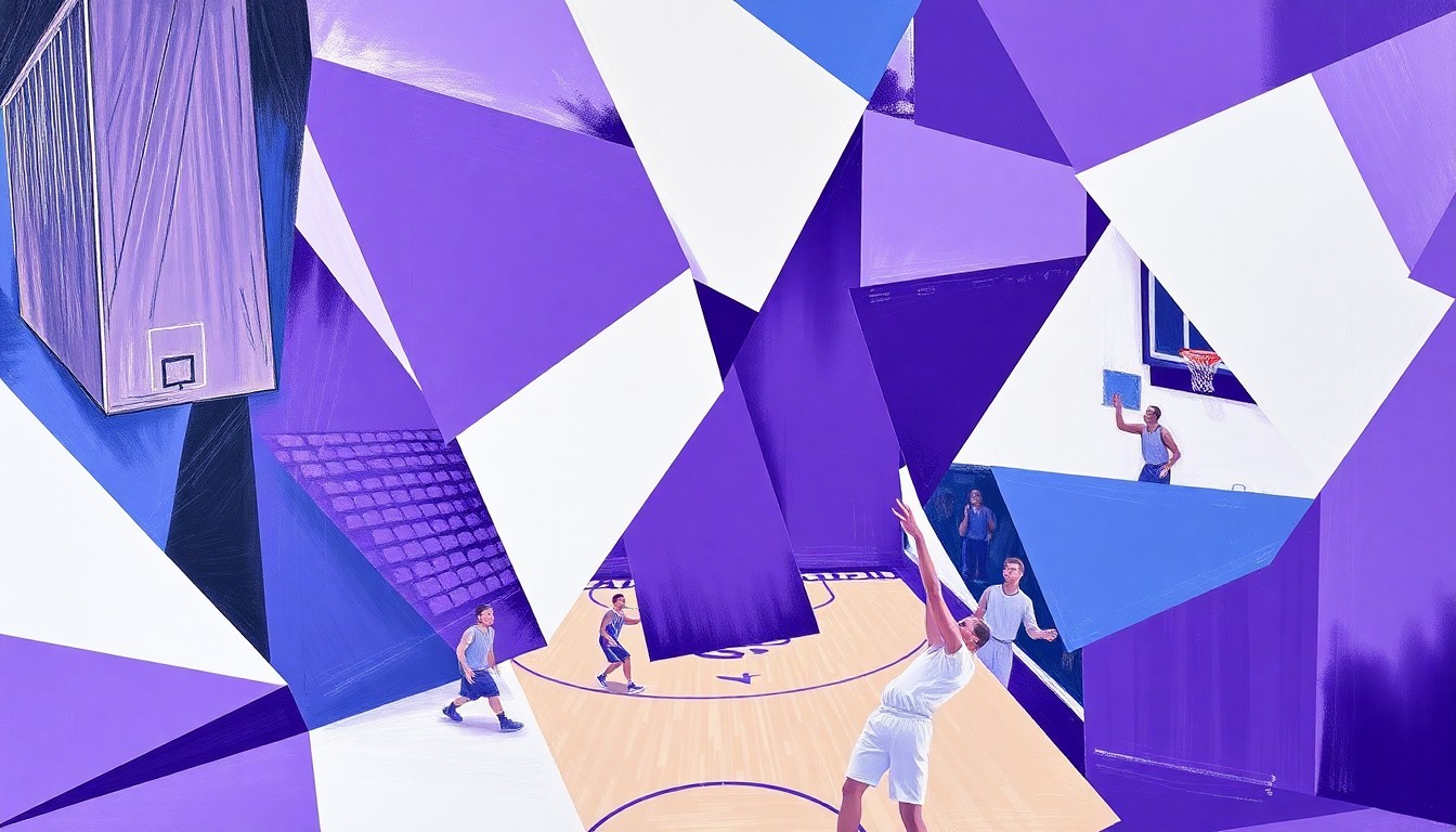 A cubist-style painting featuring overlapping geometric shapes and planes in shades of purple, blue, and white, conceptually representing the fragmented nature of a basketball game and the roster changes facing the Northwestern men's basketball team.
