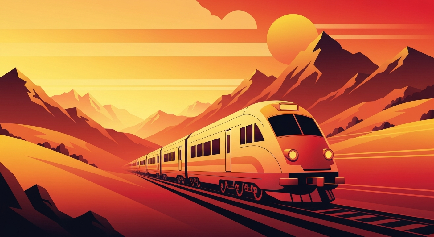 A highly stylized, geometric illustration of a train speeding through a mountainous landscape, using bold colors and sweeping lines to capture the grand scale and forward momentum of this new transportation project.