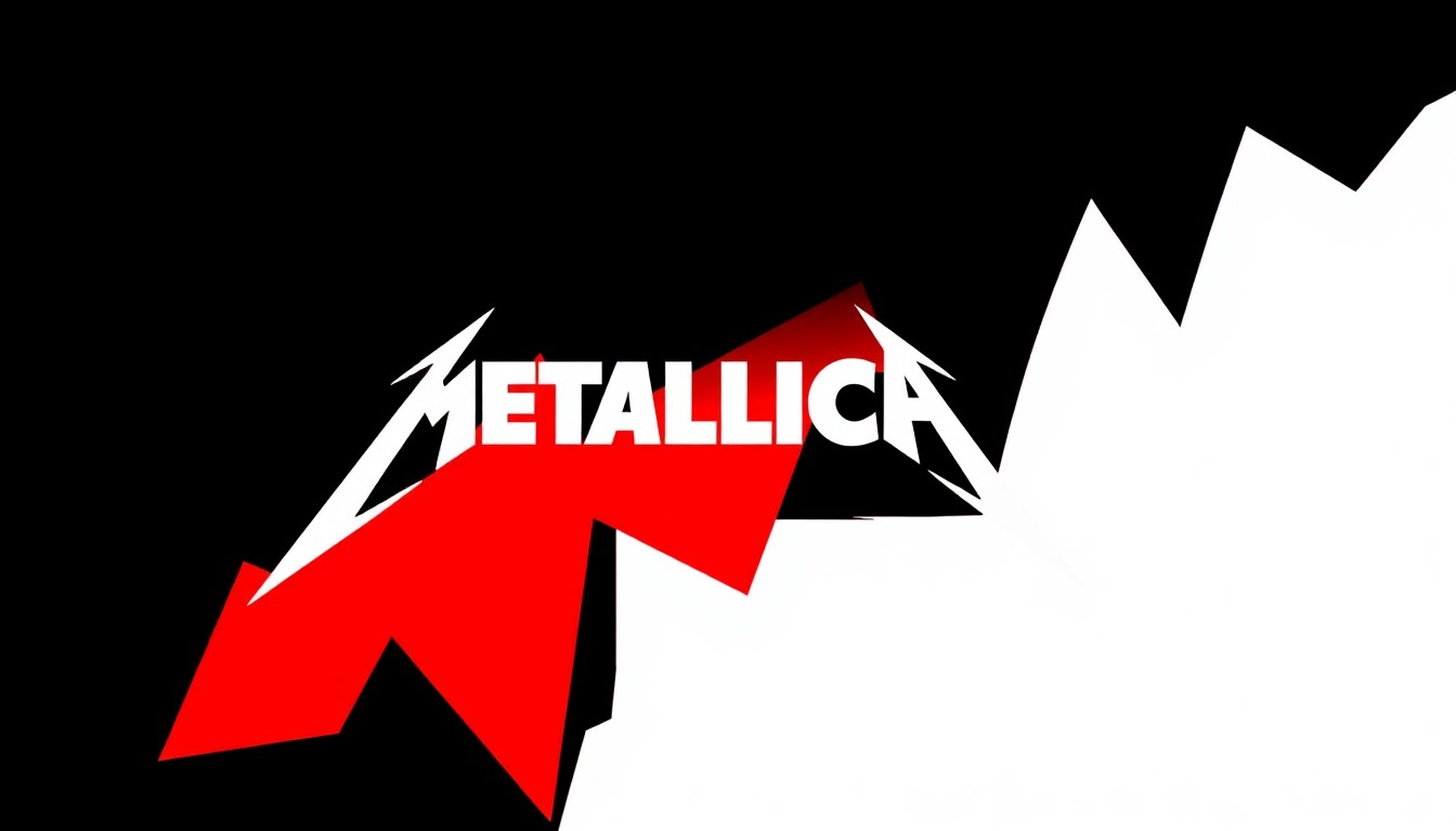 An abstract, minimalist illustration featuring jagged, overlapping black and red geometric shapes, conceptually representing the powerful, iconic heavy metal music of Metallica.