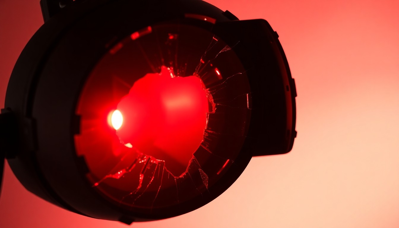 An extreme close-up photograph of a cracked and shattered stage light, reflecting a faint red glow, conceptually representing the contradictions and hypocrisies within celebrity activism.