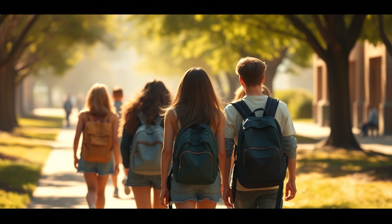 An abstract, out-of-focus photograph in soft, warm tones depicting the silhouettes of several high school students walking together, conveying a sense of optimism and achievement.