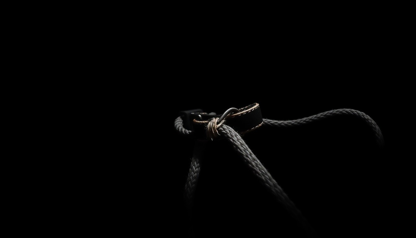 An extreme close-up photograph of a damaged dog collar and frayed leash against a stark black background, conveying the aftermath of a violent incident without depicting any graphic violence.