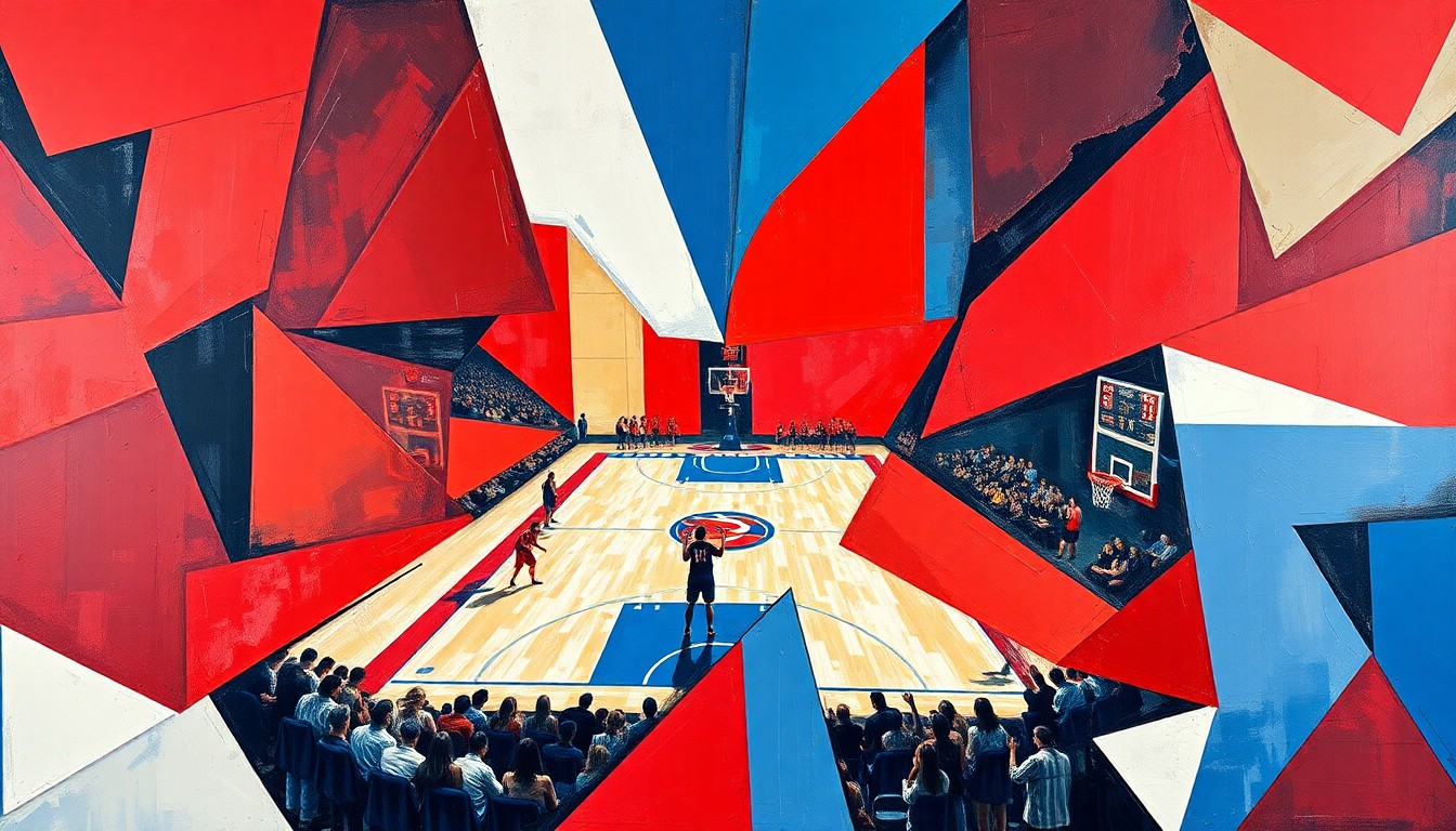 A cubist-style painting depicting a fragmented, geometric scene of a women's basketball game, with overlapping planes of red, white, and blue colors representing the dynamic energy and competitive spirit of the national team.