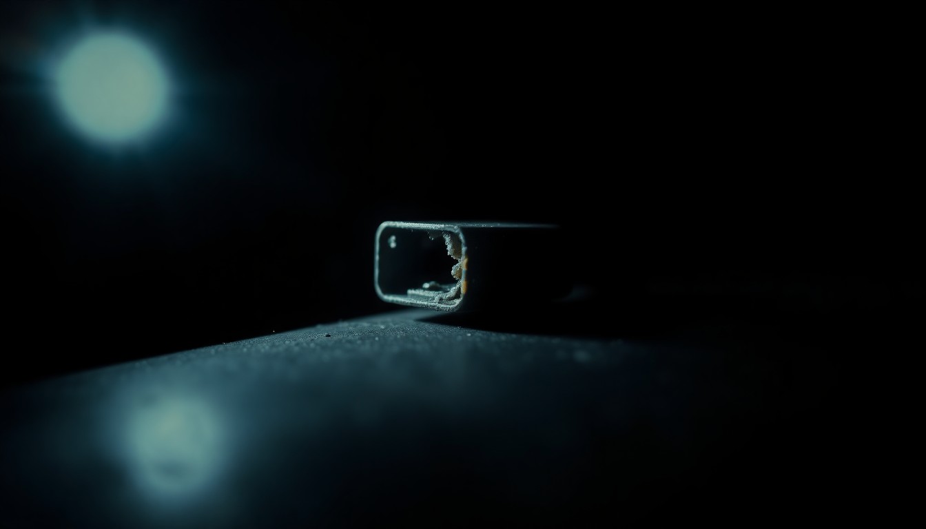 An extreme close-up photograph of a damaged car sensor or part, lit by a harsh, direct camera flash against a pitch-black background, conceptually illustrating the aftermath of a street takeover incident.