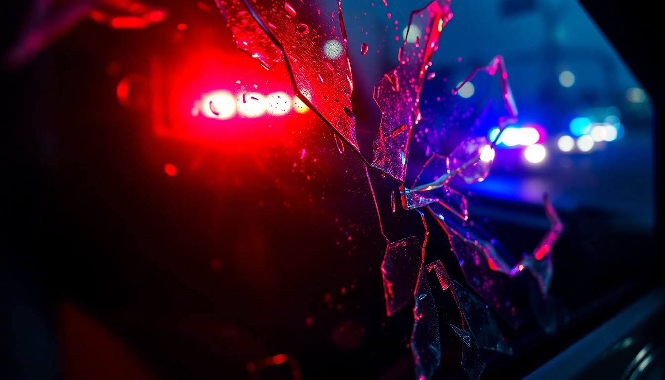 An extreme close-up of a shattered car window frame, the glass reflecting a faint red and blue emergency light, conceptually illustrating the tragic aftermath of a high-speed police chase.