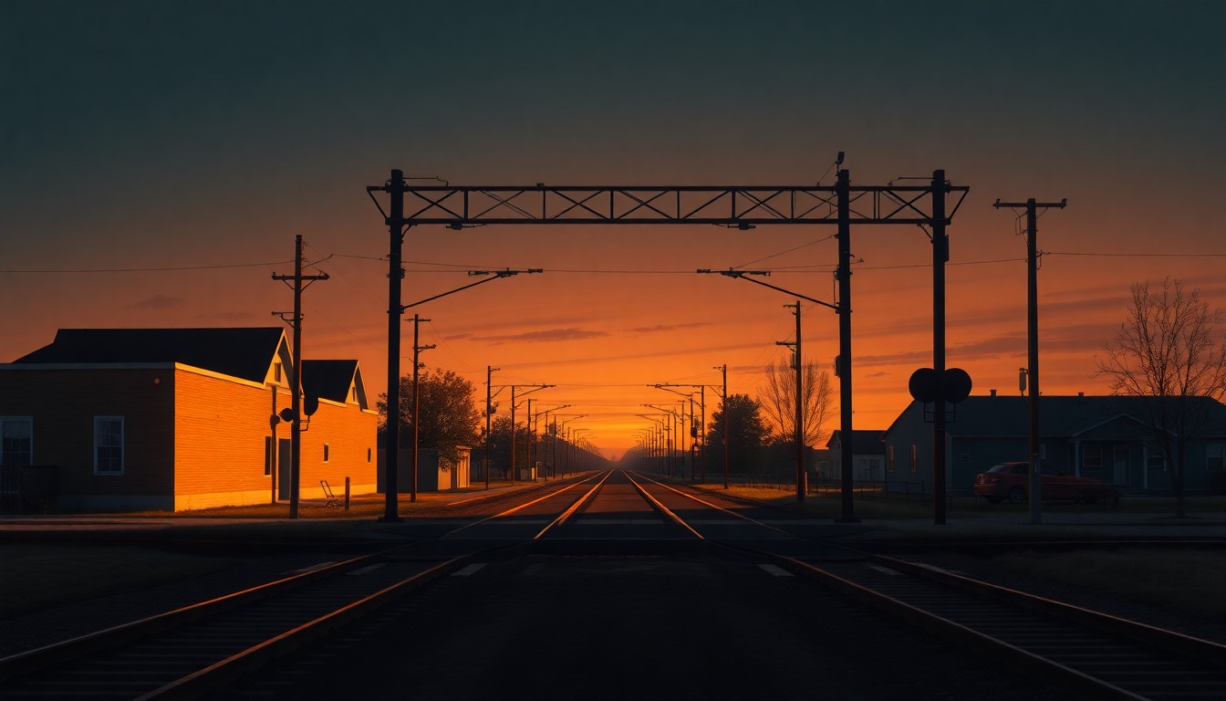 A serene, cinematic painting of an empty railroad crossing at dusk, with warm sunlight casting long shadows across the pavement and surrounding buildings. The scene conveys a sense of contemplation and unease, reflecting the political tensions surrounding the quiet zone proposal.
