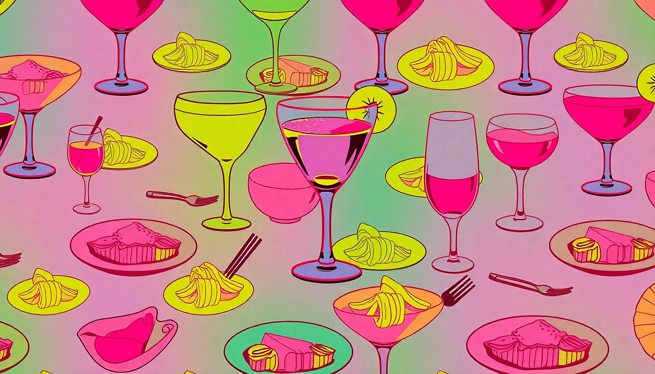 A vibrant, high-contrast silkscreen print of a cocktail glass repeated in a grid pattern, conceptually representing the craft cocktails and social atmosphere of the new Eight Settlers Lounge location.