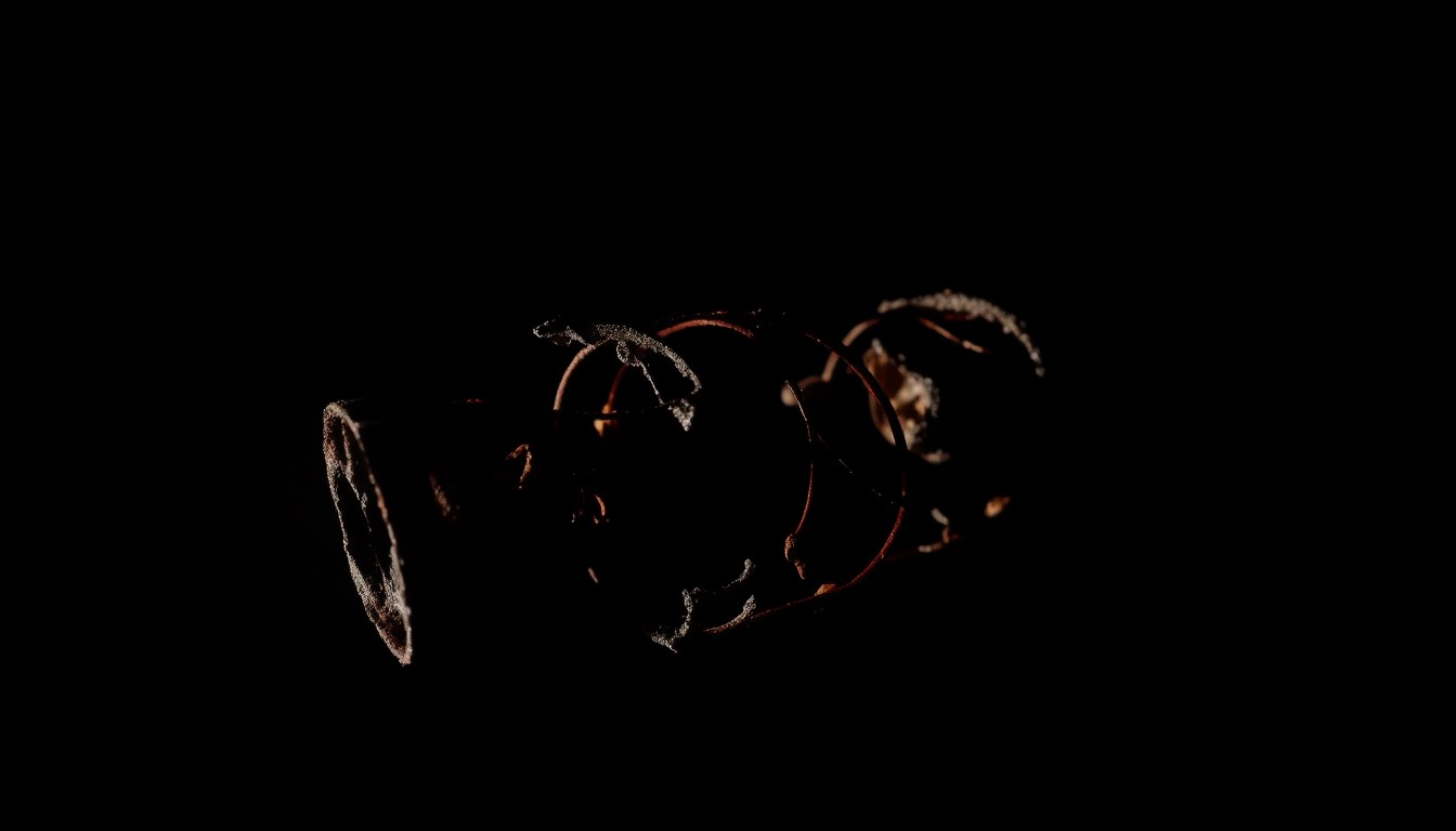 An extreme close-up photograph of a charred, twisted metal object from the house explosion site, lit by a harsh, direct camera flash against a pitch-black background, conceptually illustrating the investigative process into this tragic incident.