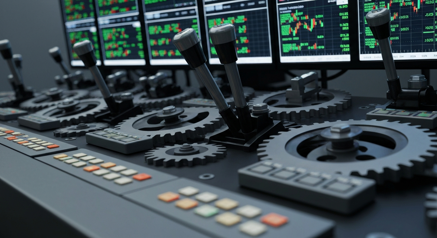 An extreme close-up of the intricate mechanisms and displays of a financial trading system, conveying the complex infrastructure that powers global markets.