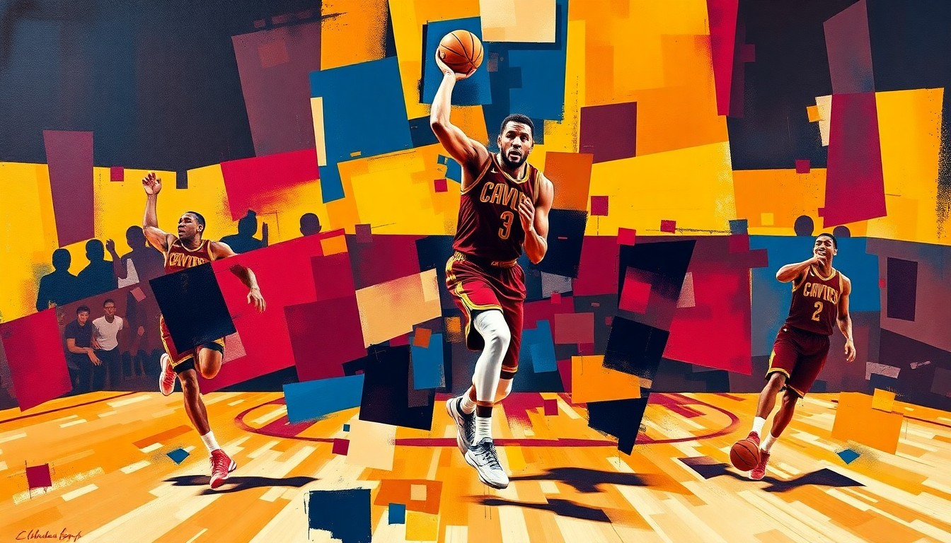 A cubist-style painting depicting the fragmented movements and actions of a basketball player on the court, rendered in the bold colors of the Cleveland Cavaliers' team palette.
