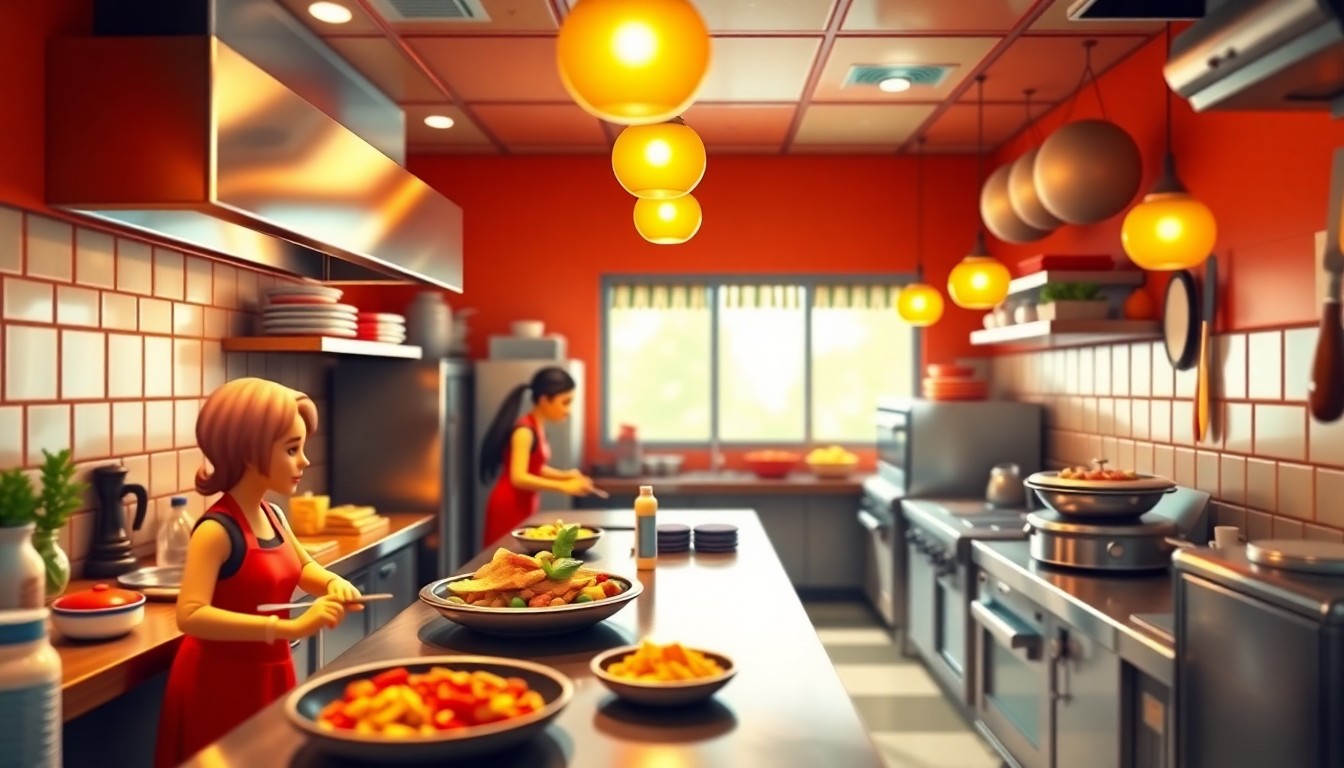 A colorful, miniature 3D digital illustration depicting a bustling Houston restaurant kitchen preparing international dishes, conceptually representing the city's culinary scene gearing up for the influx of World Cup visitors.