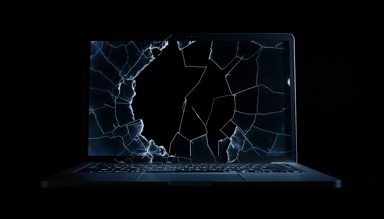 An extreme close-up of a cracked and damaged laptop screen, lit by a harsh, direct flash, conceptually representing the destruction of digital evidence in a child exploitation case.
