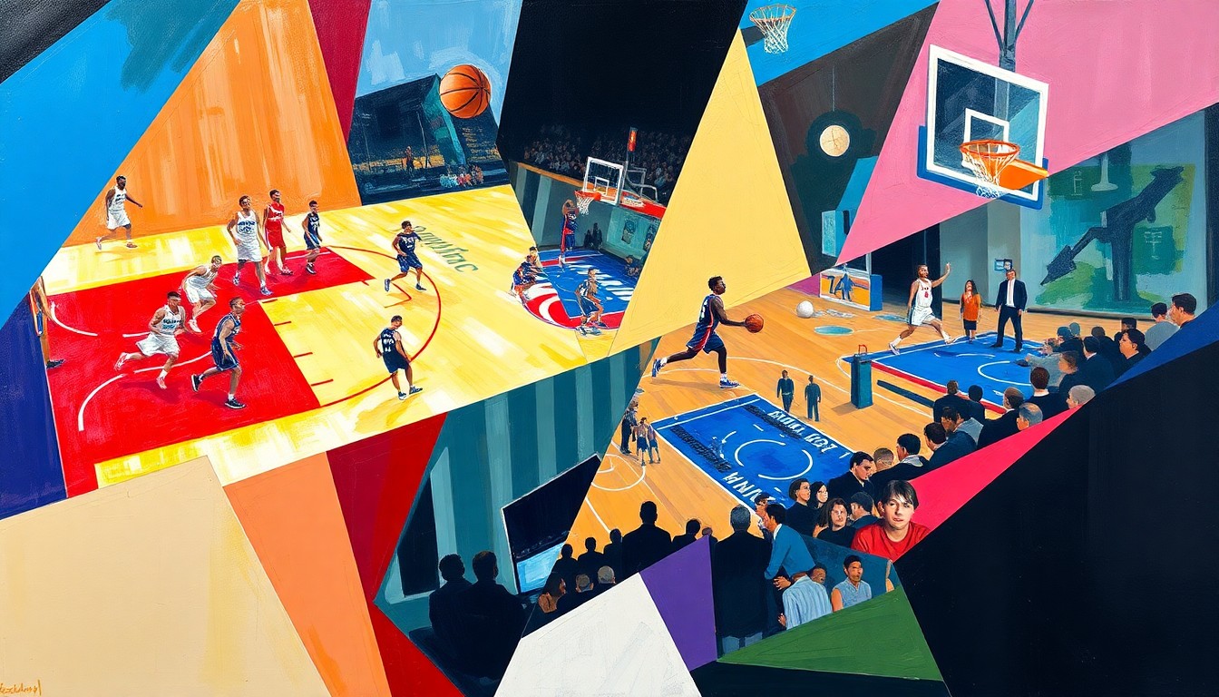 A fractured, geometric painting depicting the action and energy of a basketball game between two teams, with players' forms and the court's elements broken down into sharp, overlapping planes of color and shape.