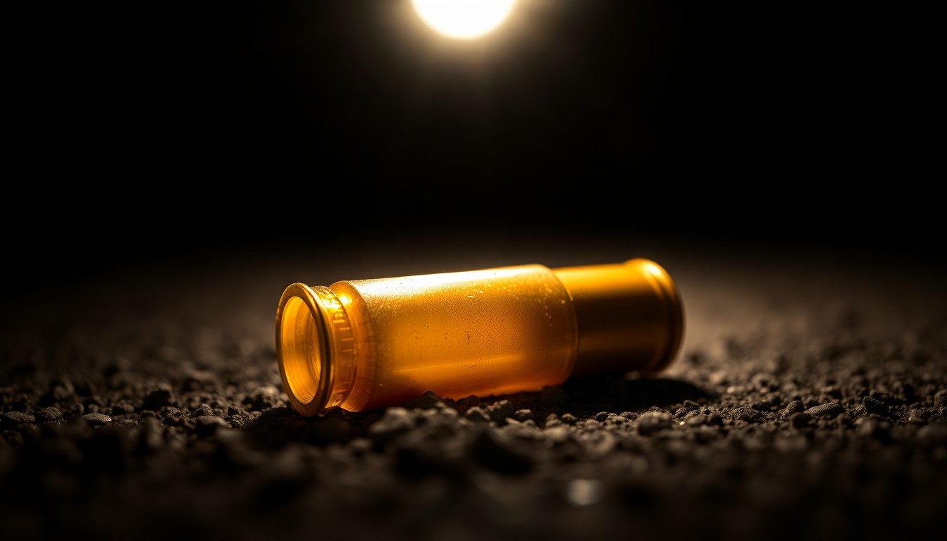 An extreme close-up photograph of a single spent shell casing on the ground, capturing the stark, gritty details of a crime scene in Las Vegas.